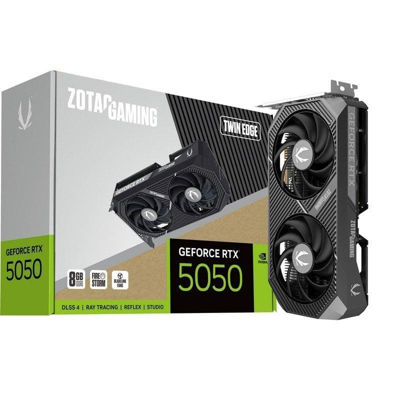 Placa gráfica Zotac Gaming GeForce RTX 5050 com dois ventiladores e caixa com texto promocional.