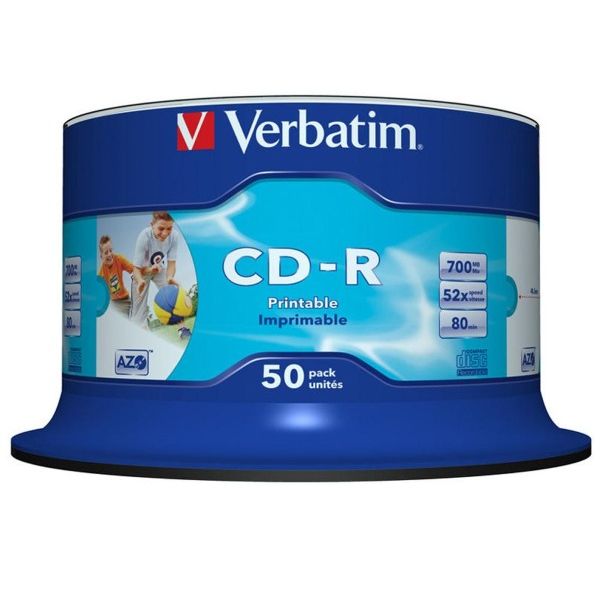 Pacote de CDs-R Verbatim azul e branco com 50 unidades e rótulo imprimível