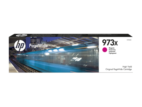 Cartucho de tinta HP PageWide 973x Magenta na embalagem com imagem de comboio azul