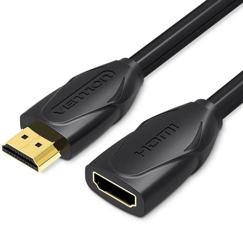 Cabo adaptador HDMI macho para HDMI fêmea preto com conectores dourados