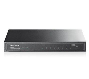 Switch de rede TP-LINK preto com 8 portas e indicadores LED