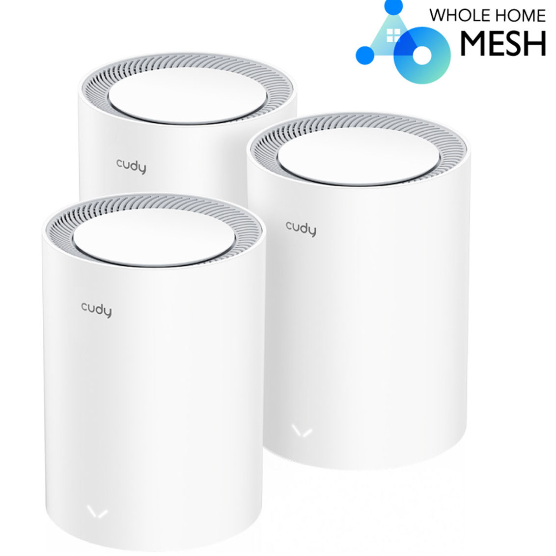 Dispositivos de rede Wi-Fi cilíndricos brancos com marca cudy