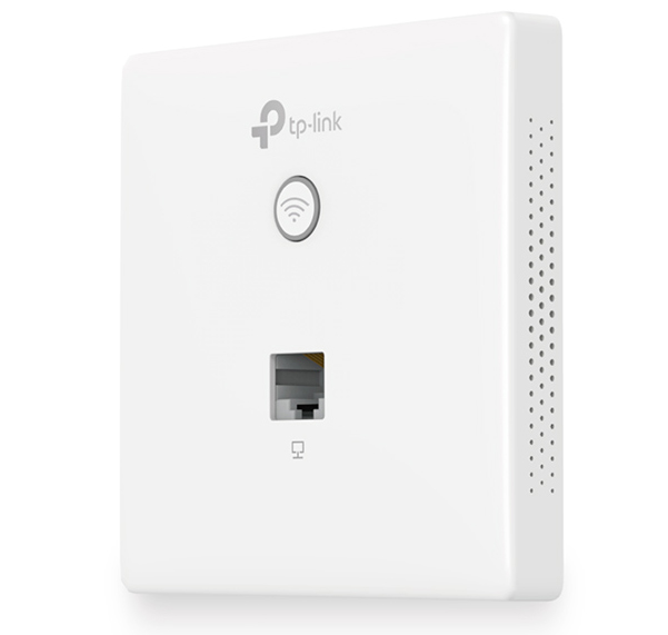 Dispositivo branco TP-Link com botão Wi-Fi e porta Ethernet