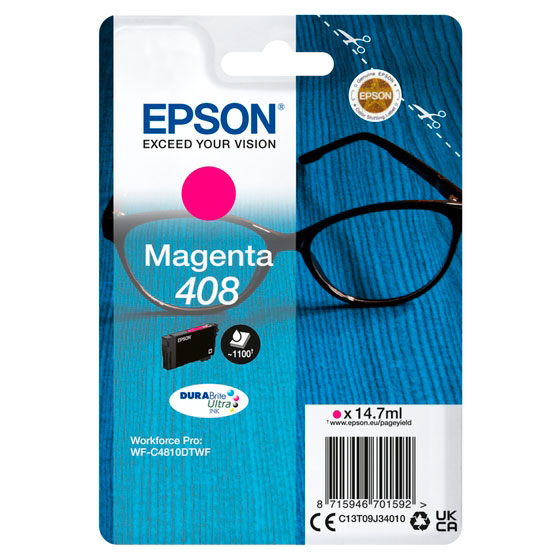 Embalagem de tinteiro Epson Magenta 408 com óculos sobre madeira azul