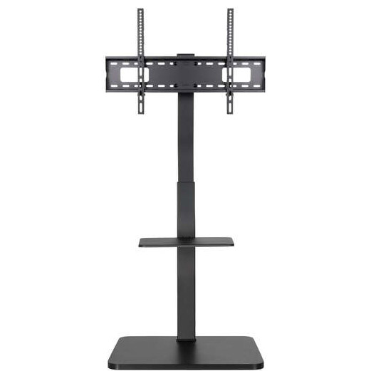 Suporte de televisão preto com base e prateleira