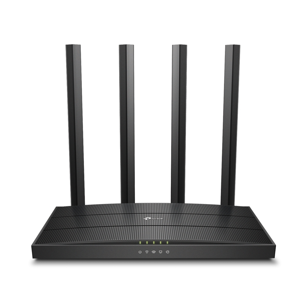 Router Wi-Fi preto com quatro antenas verticais e luzes LED verdes