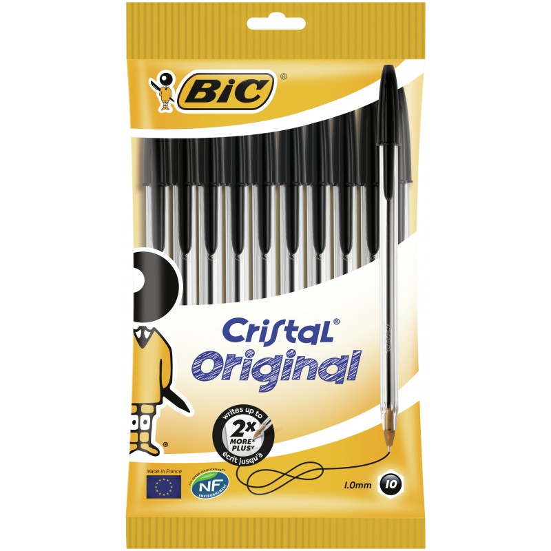 Pacote com 10 esferográficas BIC Cristal Original com corpo transparente e tampa preta