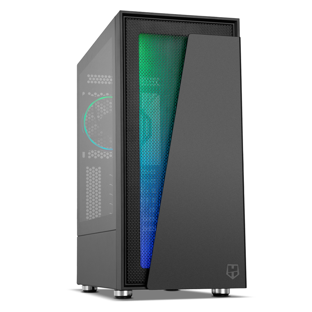 Caixa de computador preto com iluminação RGB azul e verde e painel lateral de vidro