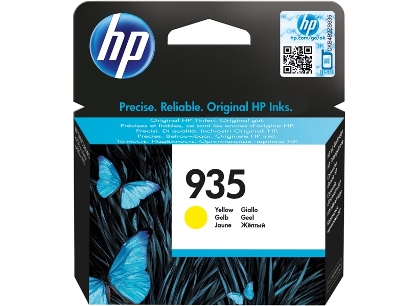 Embalagem de tinta de impressora HP 935 amarela com borboletas azuis