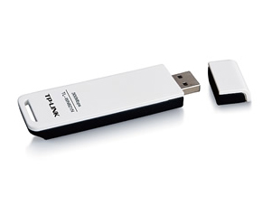 Adaptador USB Wi-Fi TP-LINK branco e preto com tampa removível.