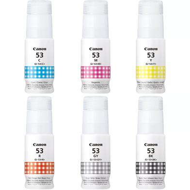 Garrafas de tinta Canon 53 nas cores ciano, magenta, amarelo, vermelho, cinza e preto