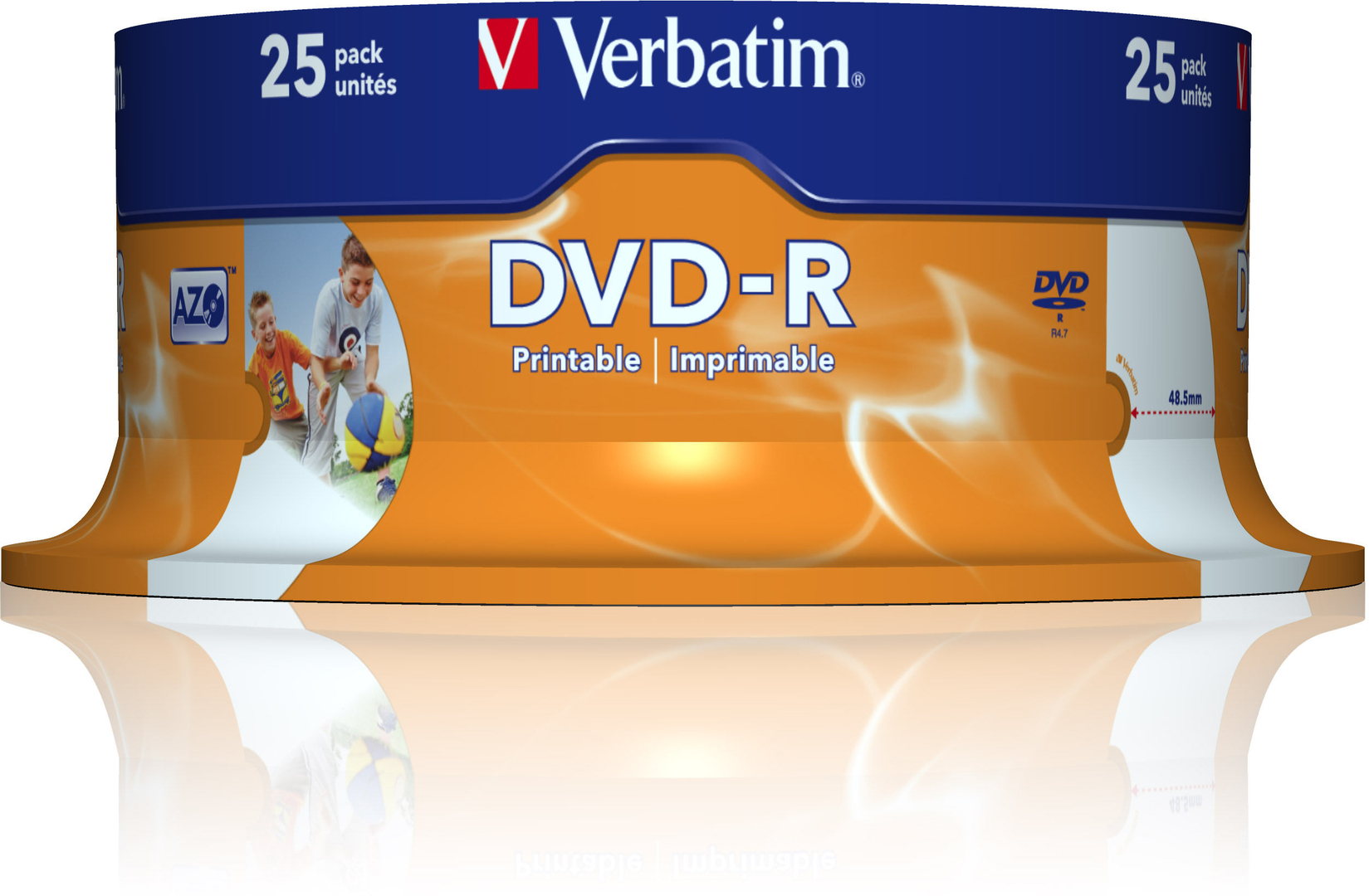 Embalagem Verbatim de 25 DVDs-R colorida em azul e laranja