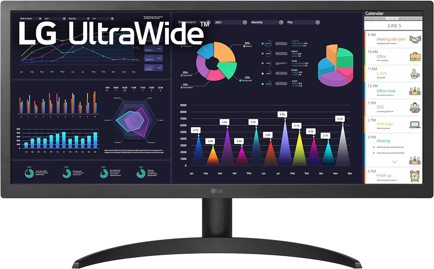 Monitor LG UltraWide curvo com gráficos coloridos e calendário ao lado