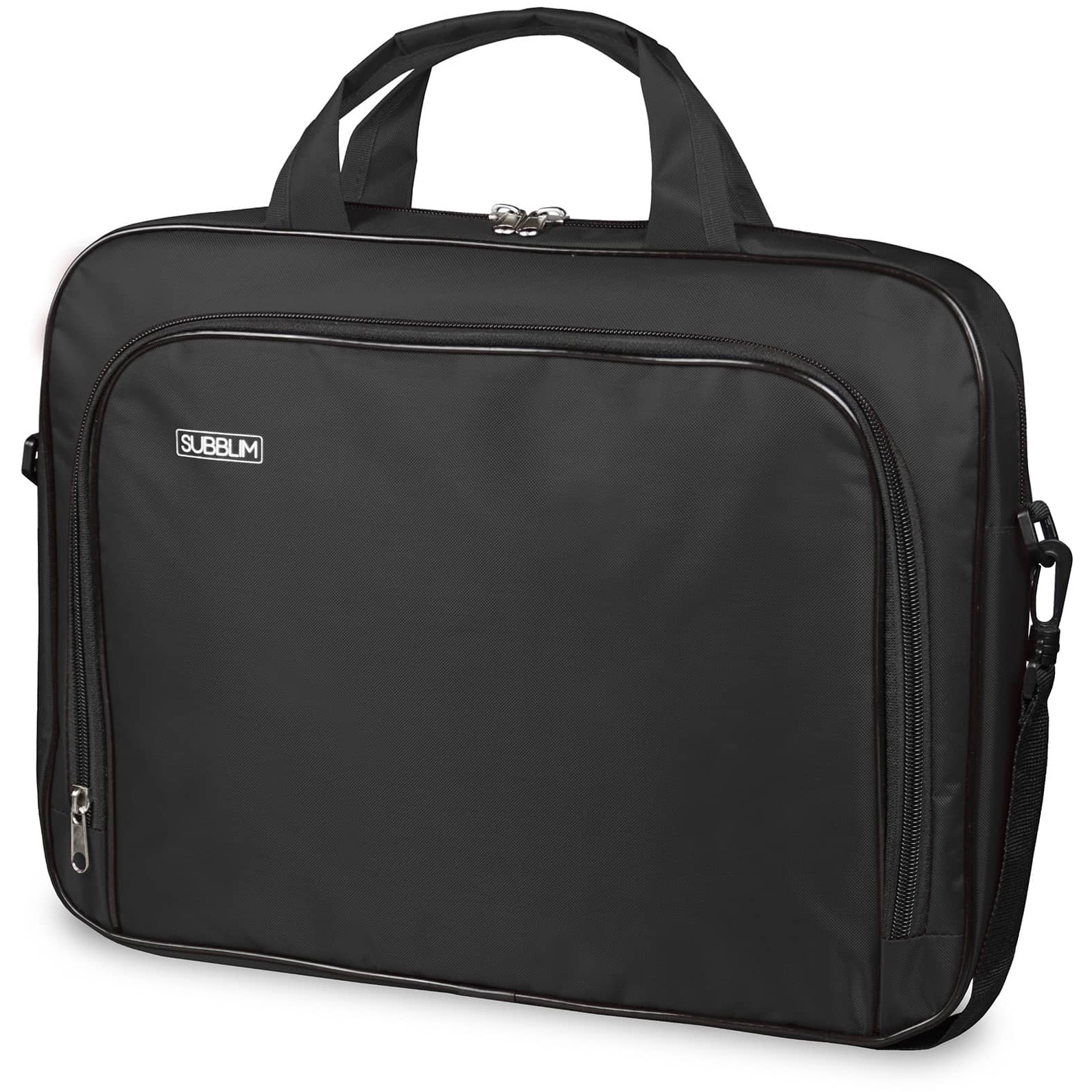 Mala preta para computador portátil com bolso frontal e etiqueta SUBBLIM