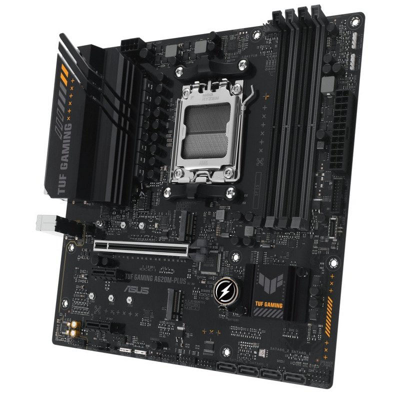 Placa-mãe ASUS TUF GAMING A620M-PLUS preta com dissipadores térmicos e socket CPU