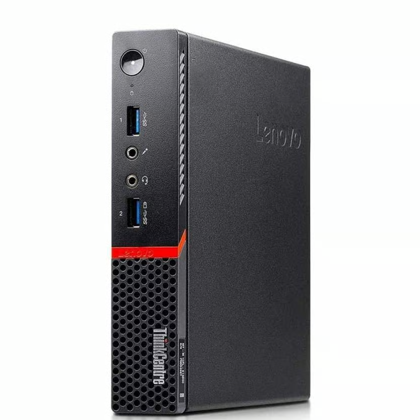 Computador desktop Lenovo ThinkCentre preto com portas USB e botão de energia
