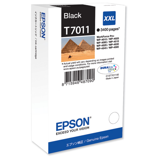 Embalagem branca de tinteiro Epson preto XXL T7011 com imagem de pirâmides