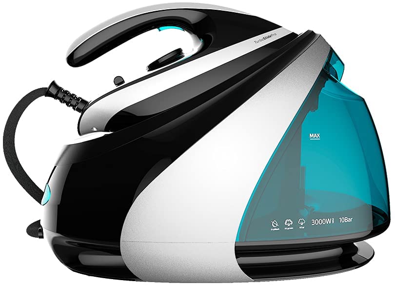 Ferro de engomar a vapor preto e cinza com depósito de água azul translúcido