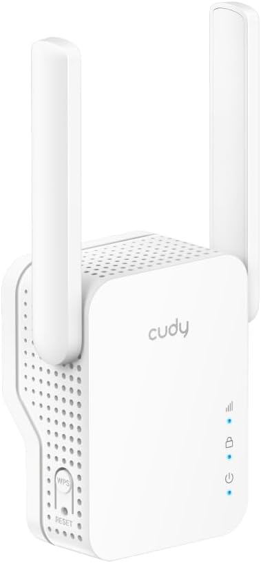 Repetidor Wi-Fi branco da marca cudy com duas antenas verticais e indicadores LED