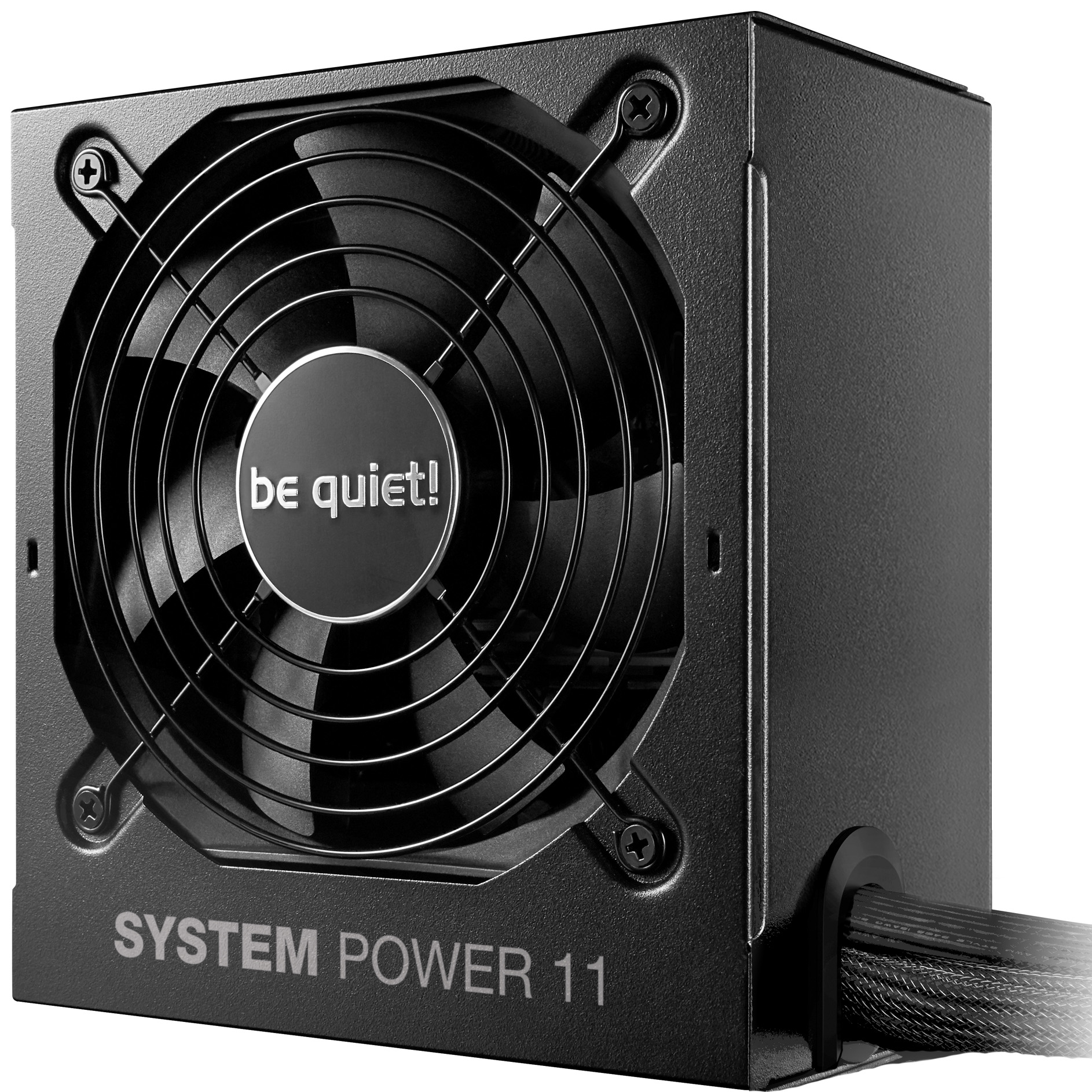 Fonte de alimentação preta para PC com ventoinha e texto be quiet! e SYSTEM POWER 11.
