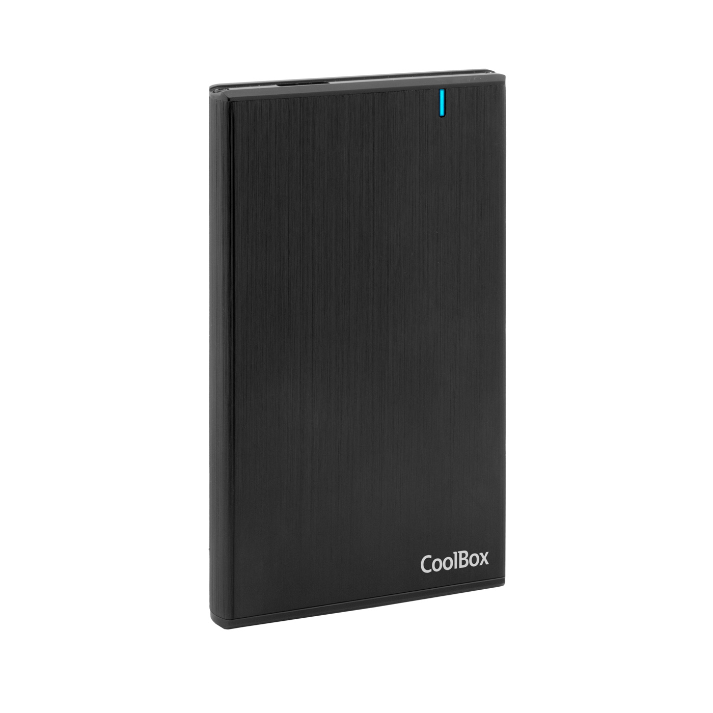 Power bank preto com logo CoolBox e indicador LED azul