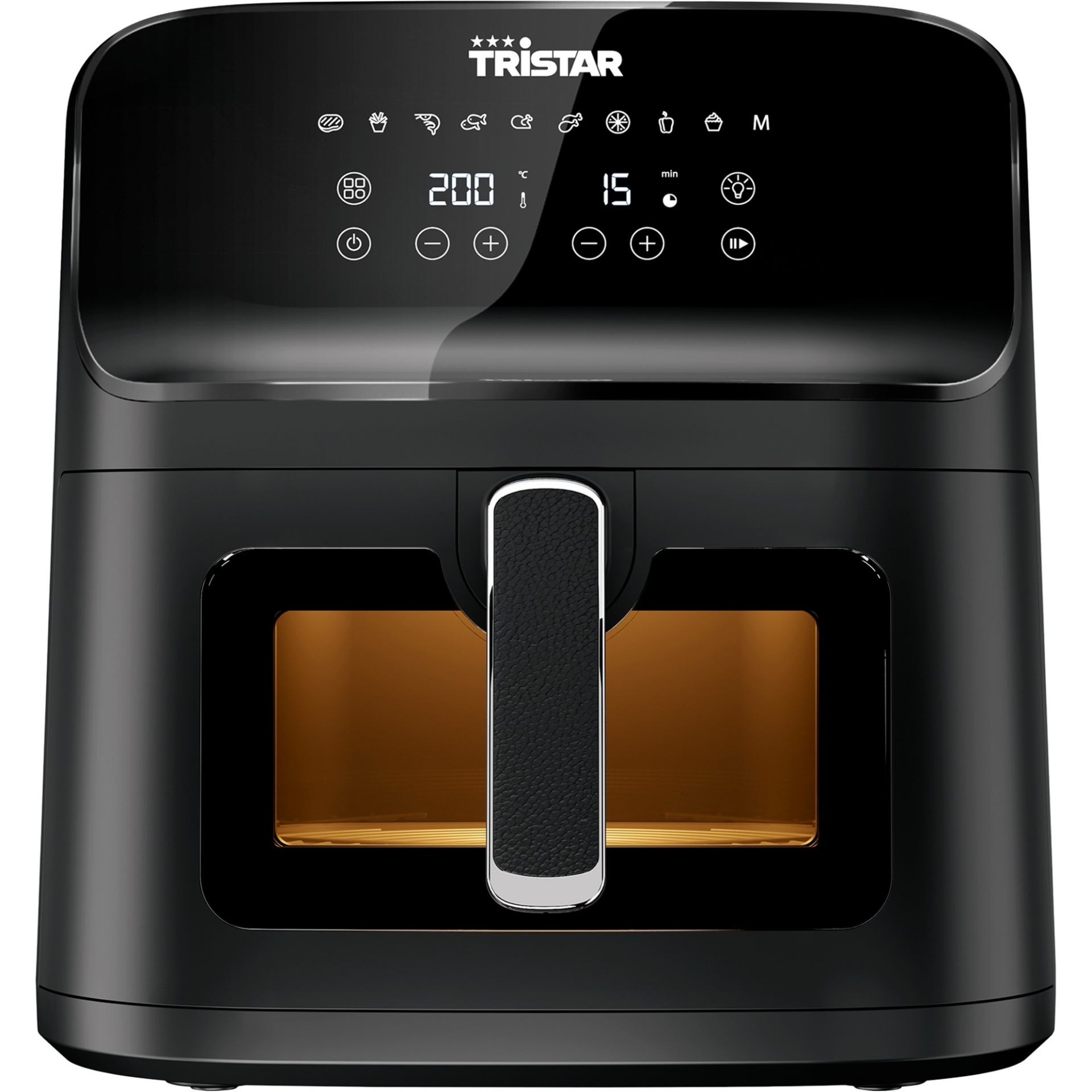 Frigideira elétrica preta TRISTAR com visor digital e porta com janela de visualização