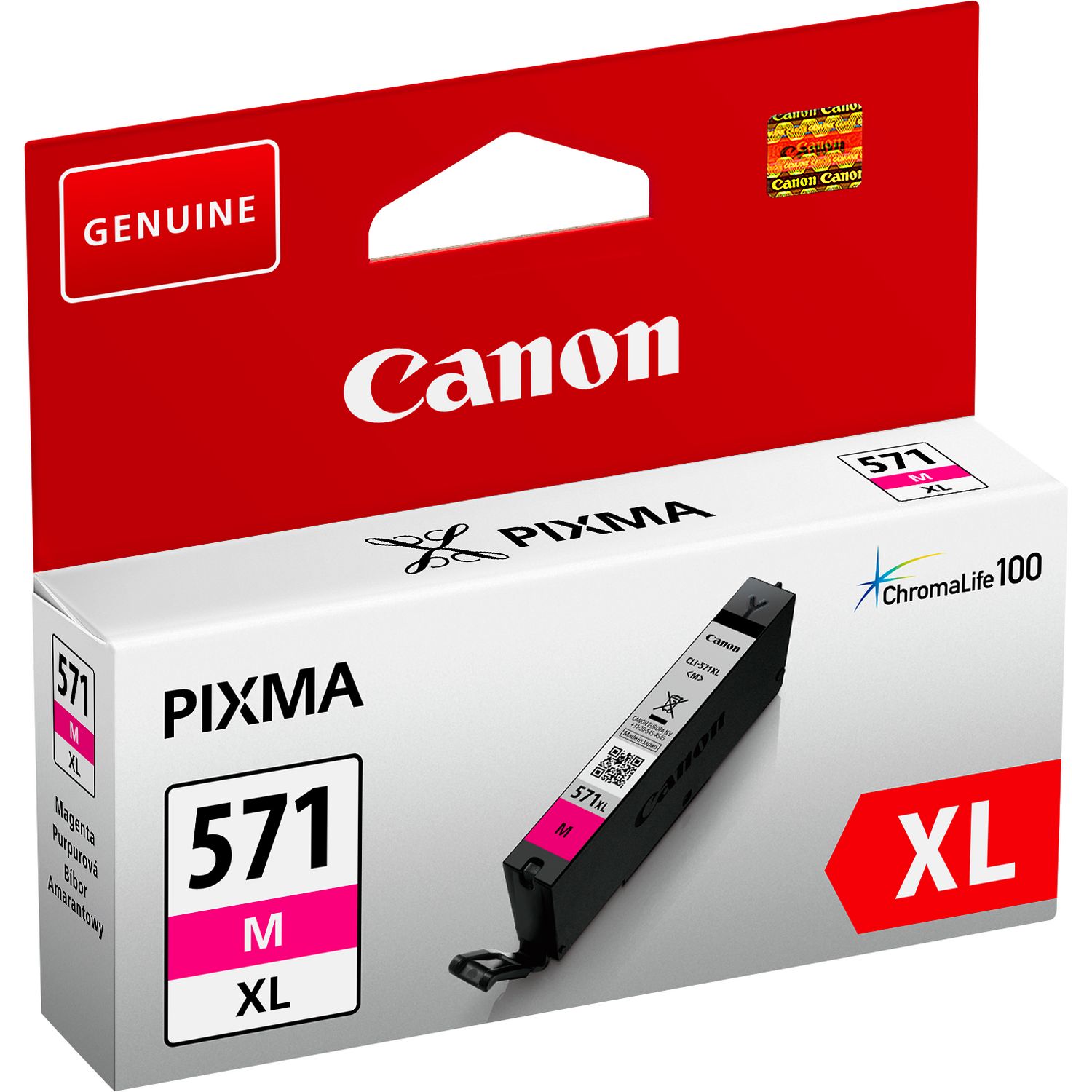 Cartucho tinta magenta Canon PIXMA 571 XL em embalagem vermelha e branca