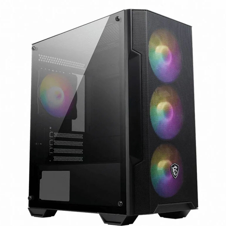 Computador de secretária preto com painel lateral em vidro e ventoinhas RGB multicoloridas