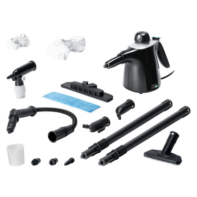 Kit de limpeza a vapor com aparelho preto e acessórios diversos sobre fundo branco