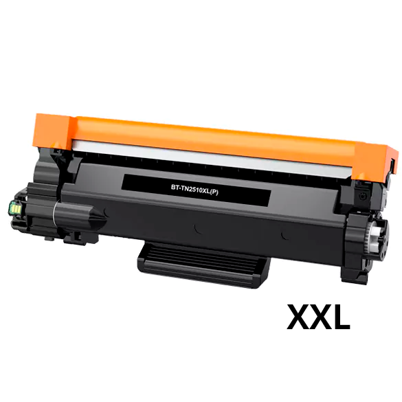 Cartucho ou toner de impressora preto com detalhes laranja e texto BT-TN2510XL(P) e XXL