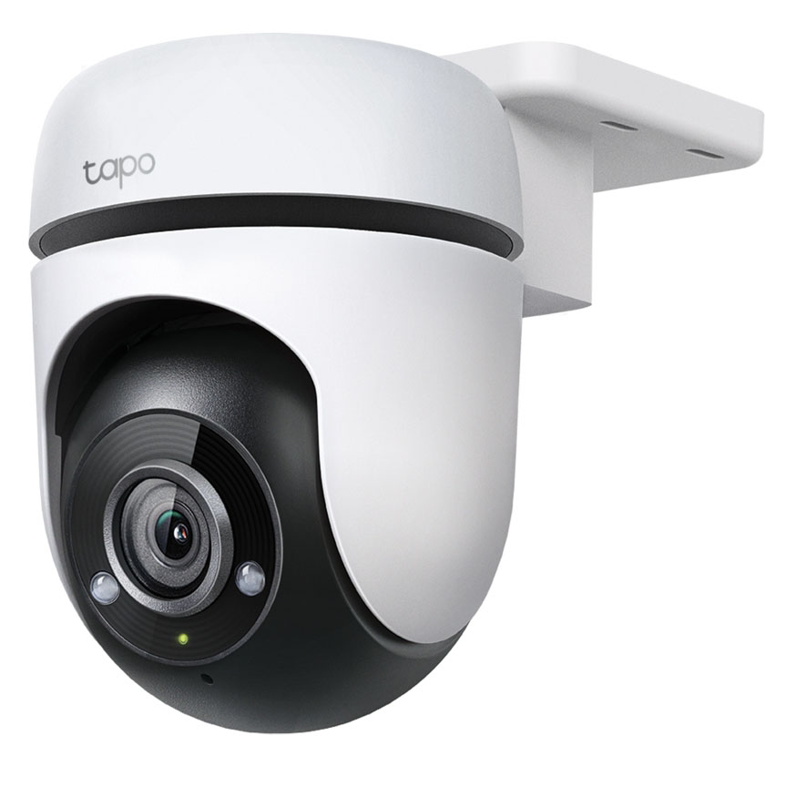 Câmara de segurança Tapo branca com lente preta e suporte branco