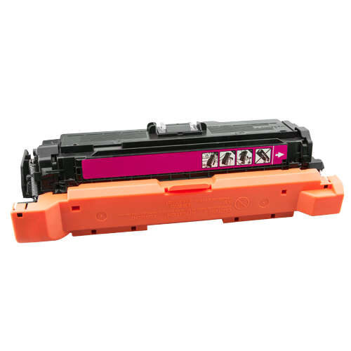 Cartucho de toner preto e laranja com etiqueta cor-de-rosa e ícones
