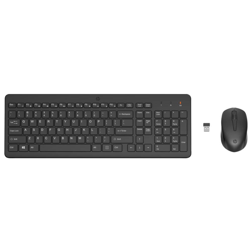 Teclado e rato sem fios preto com receptor USB em fundo branco