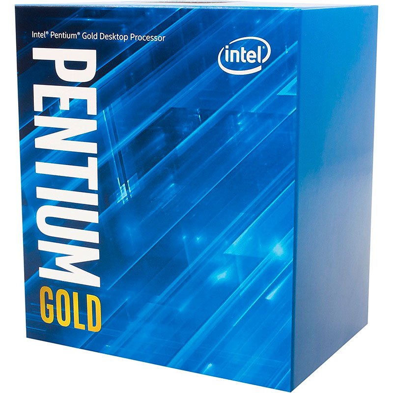 Caixa azul de processador Intel Pentium Gold com logotipo Intel