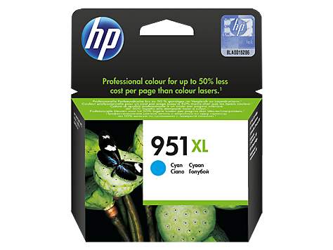 Embalagem de tinta HP 951XL cor ciano com imagem de borboleta e plantas verdes