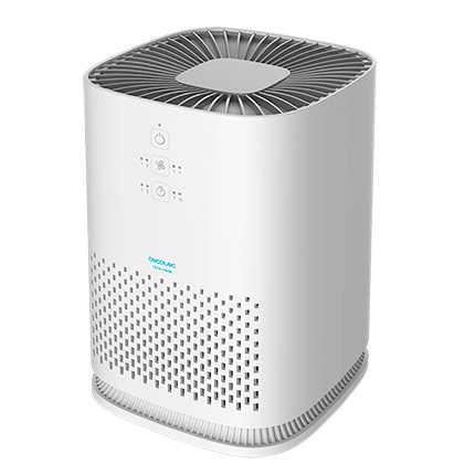 Purificador de ar branco e cinza Cecotec com botões frontais e grelha superior