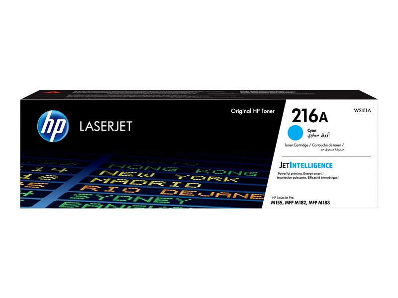 Caixa de toner HP LaserJet 216A cyan com texto informativo e design preto e branco