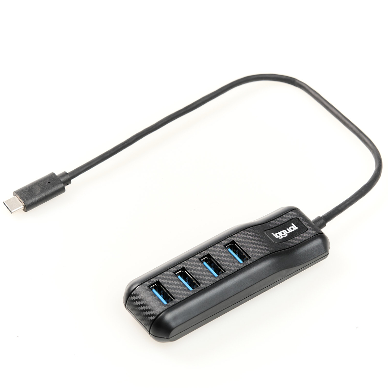 Hub USB preto com 5 portas USB-A e conector USB-C