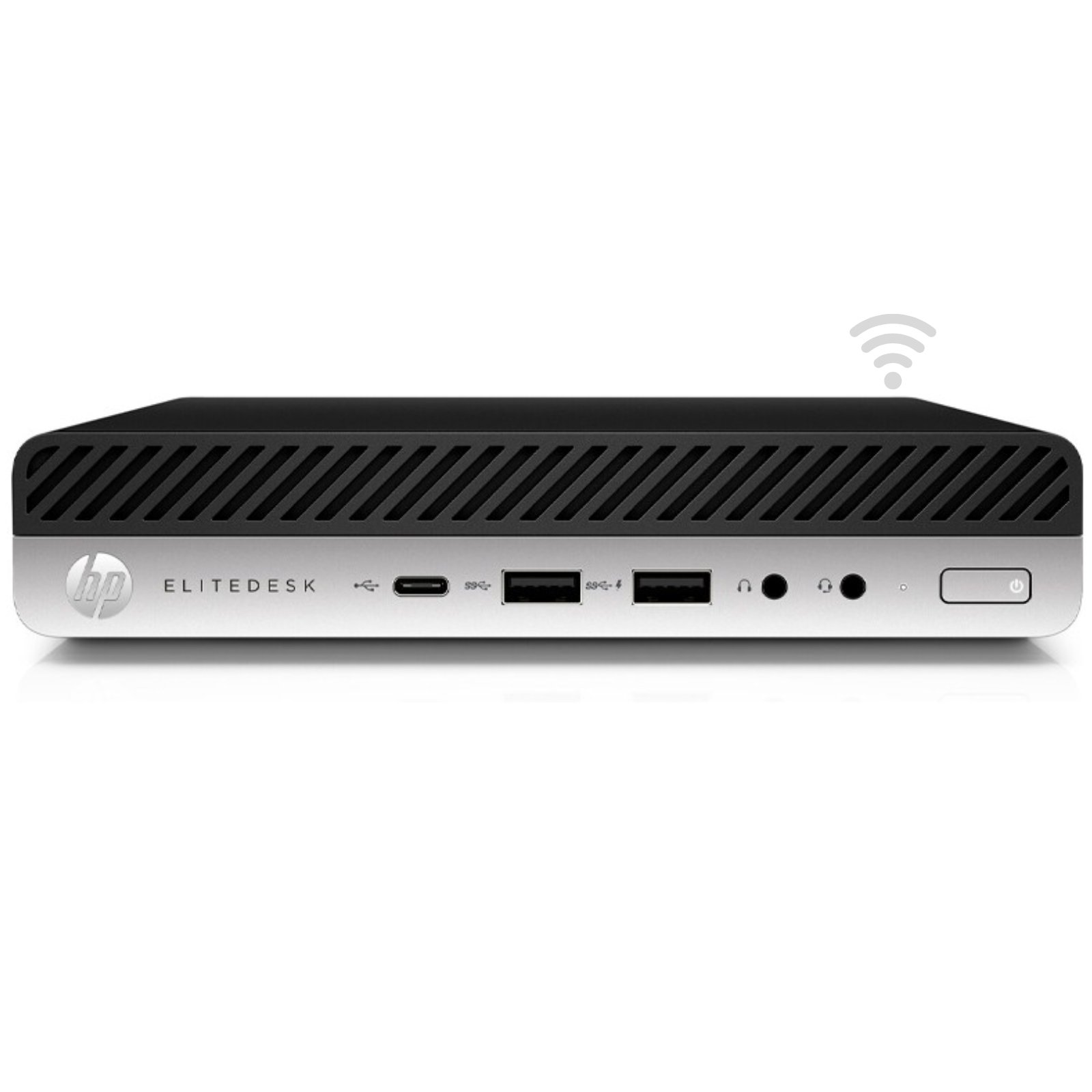 Mini PC HP EliteDesk prateado e preto com portas USB e ícones