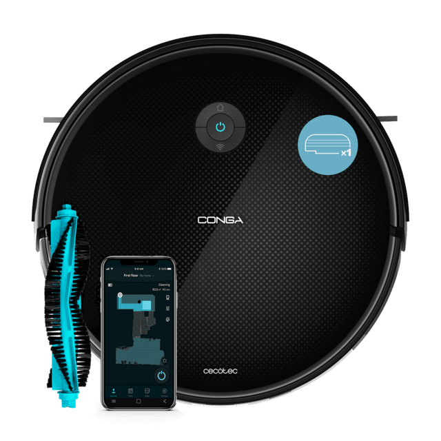 Aspirador robô preto com botão azul e escova destacada ao lado de smartphone com app