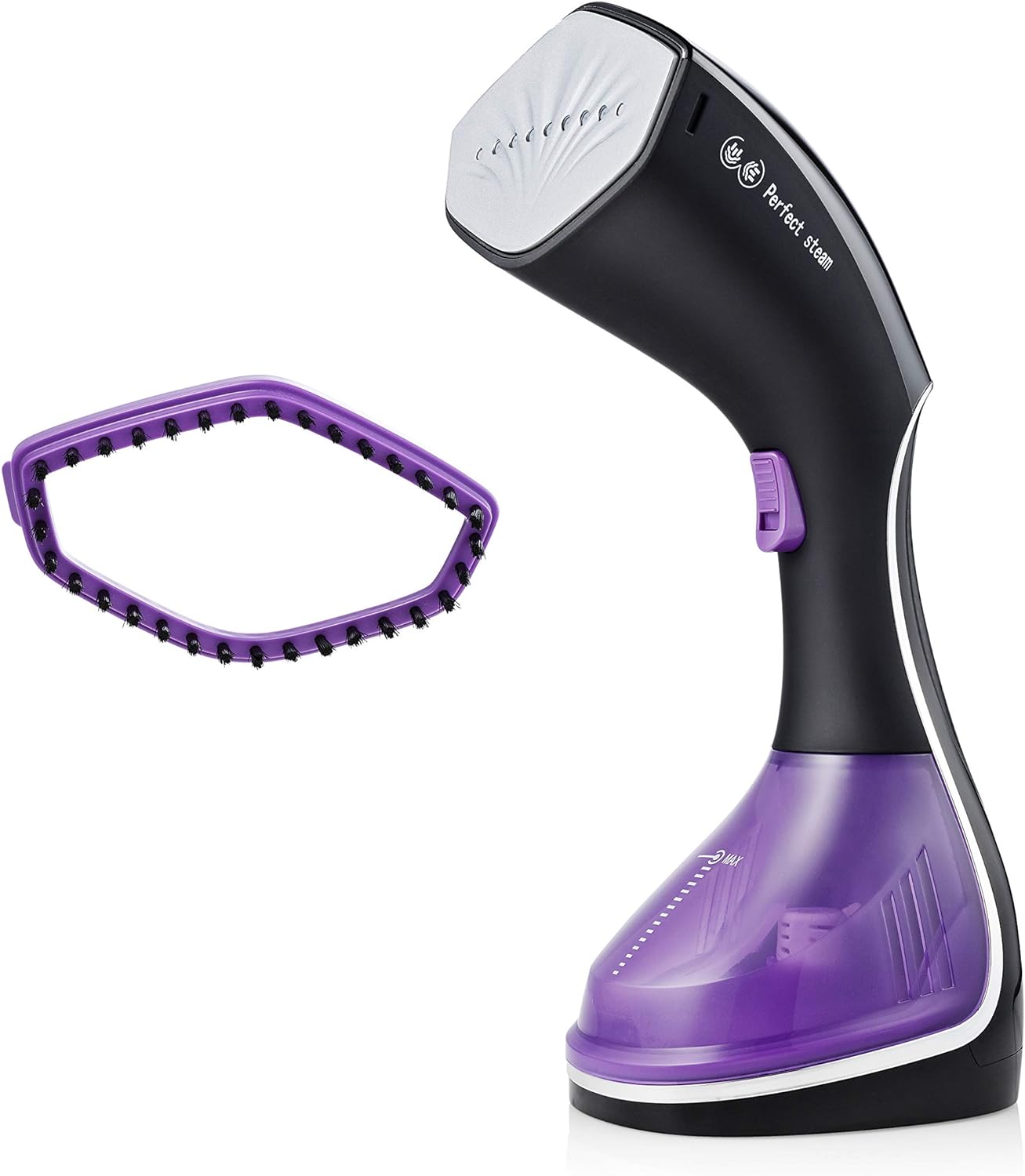 Engomador vertical a vapor portátil preto e roxo com acessório escova