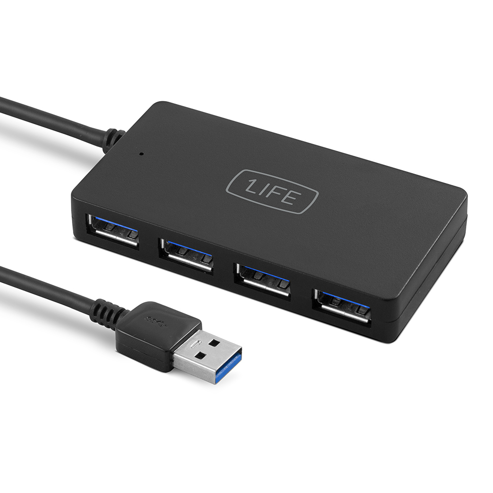 Hub USB 3.0 preto com quatro portas e cabo USB integrado.