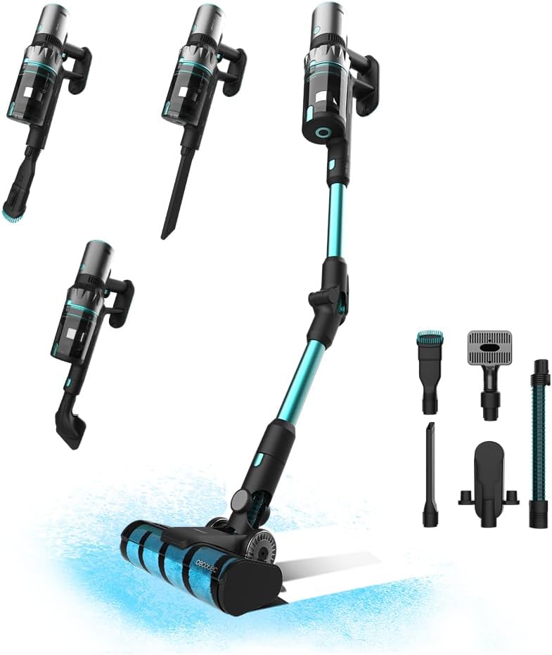 Aspirador sem fios preto e azul turquesa com vários acessórios