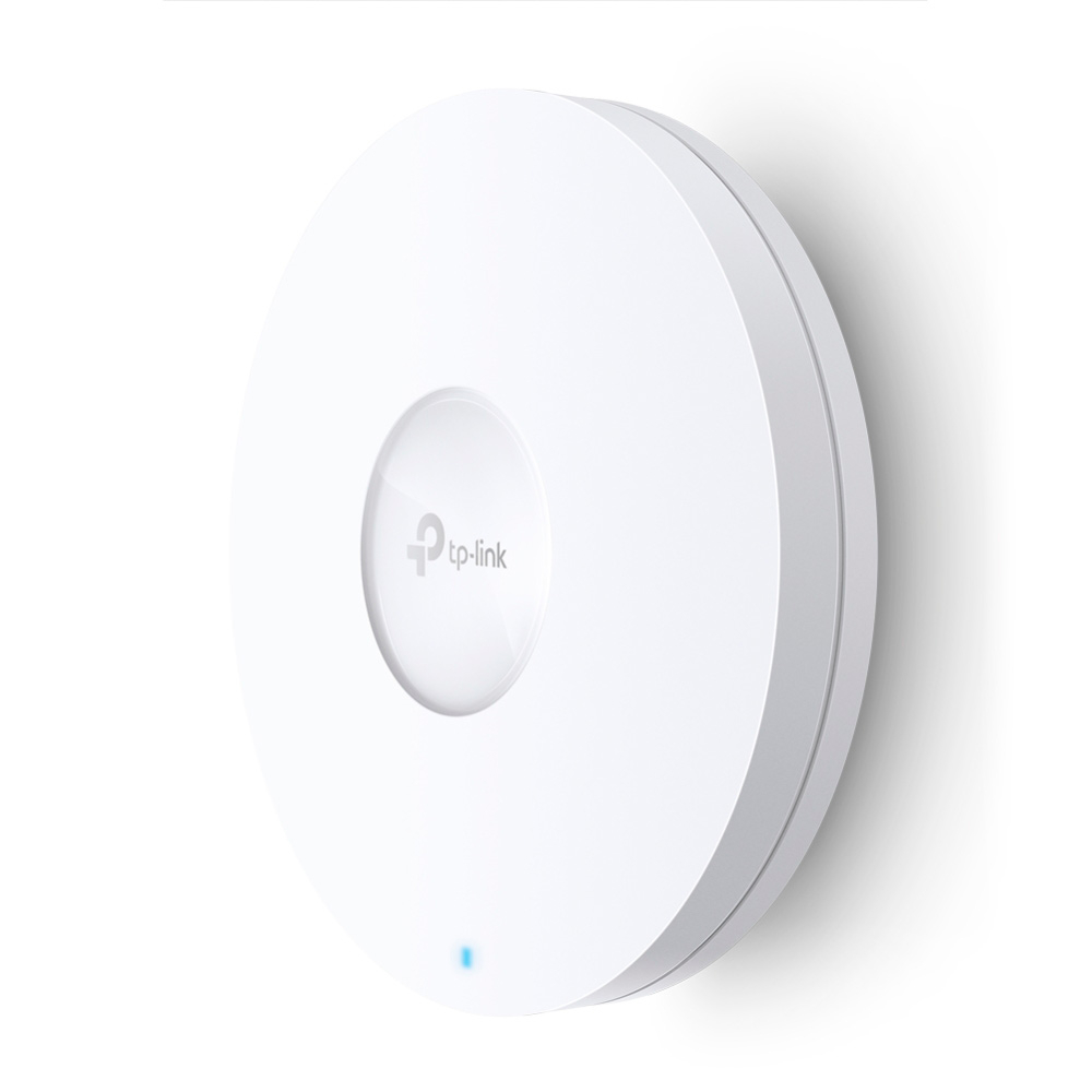 Ponto de acesso TP-Link branco circular montado na parede