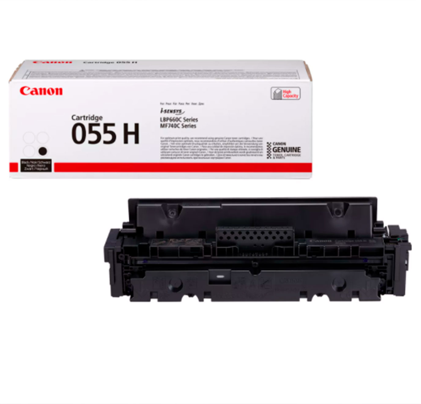 Cartucho de toner preto Canon 055 H com embalagem branca e vermelha