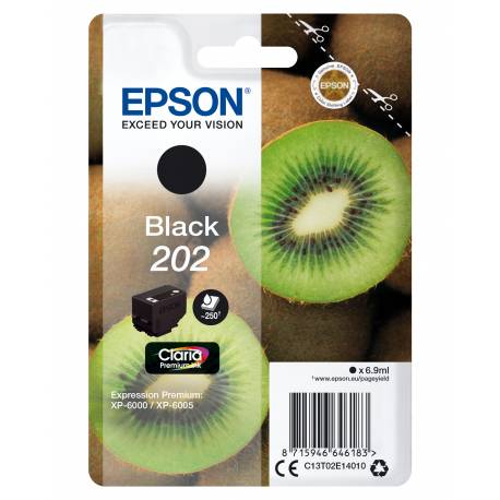 Embalagem de tinta preta Epson 202 com imagem de kiwis e texto