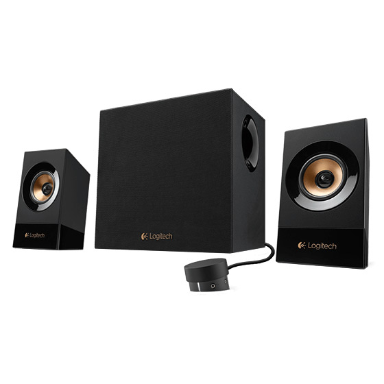 Conjunto de colunas Logitech preto com subwoofer e controlo remoto