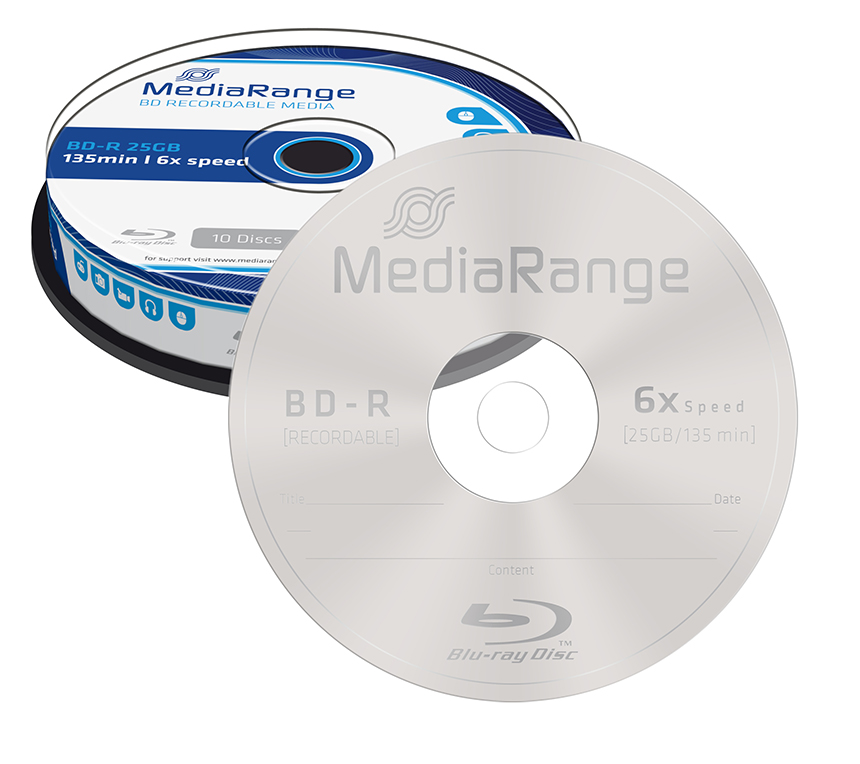 Pacote de discos Blu-ray MediaRange BD-R 25GB 6x speed em embalagem circular com 10 discos.