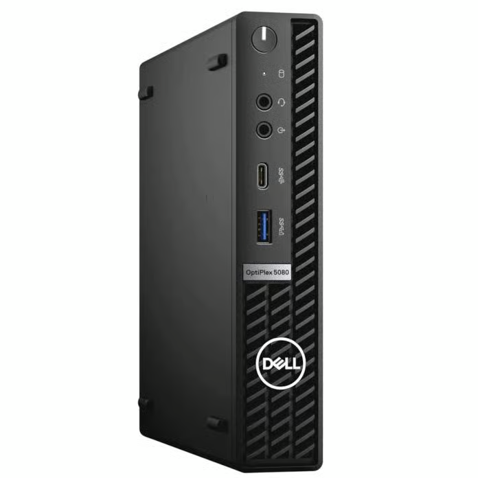 PC de secretária Dell OptiPlex 5080 compacto preto com portas e logótipo Dell