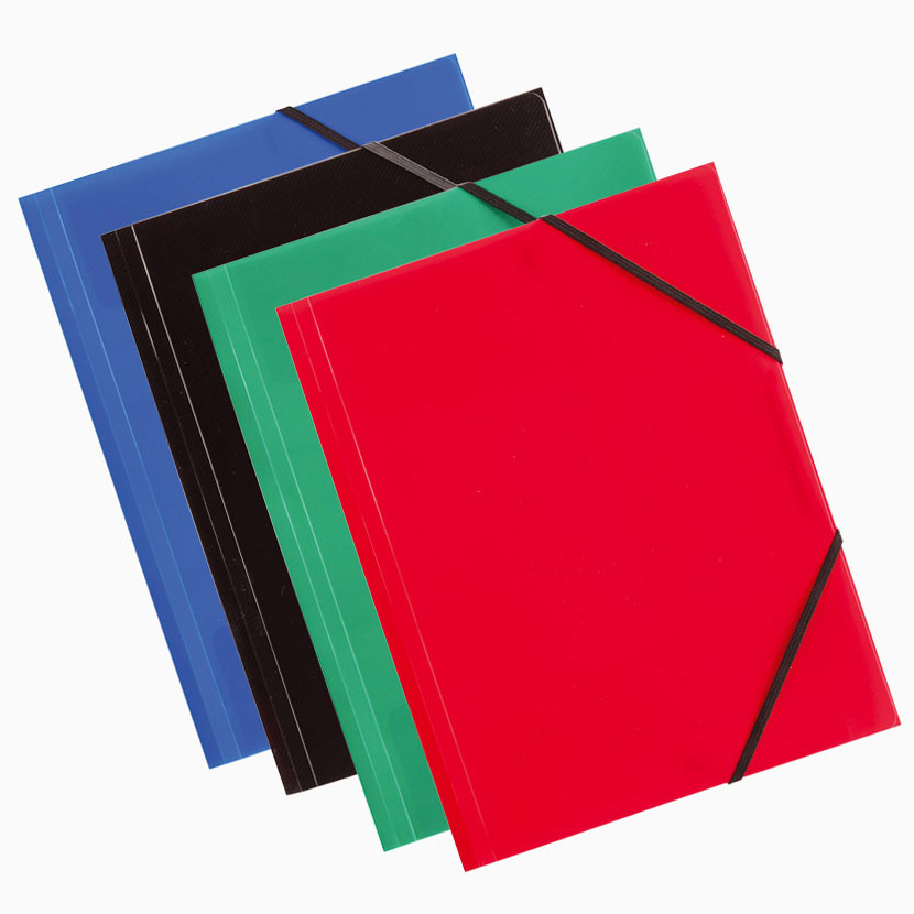 Conjunto de quatro pastas plásticas coloridas com elástico para fechar